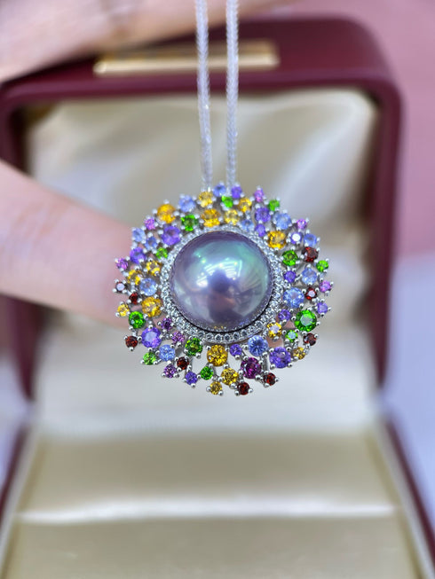 13-14mm White Freshwater Pearls & Colorful CZ Halo Pendant Necklace
